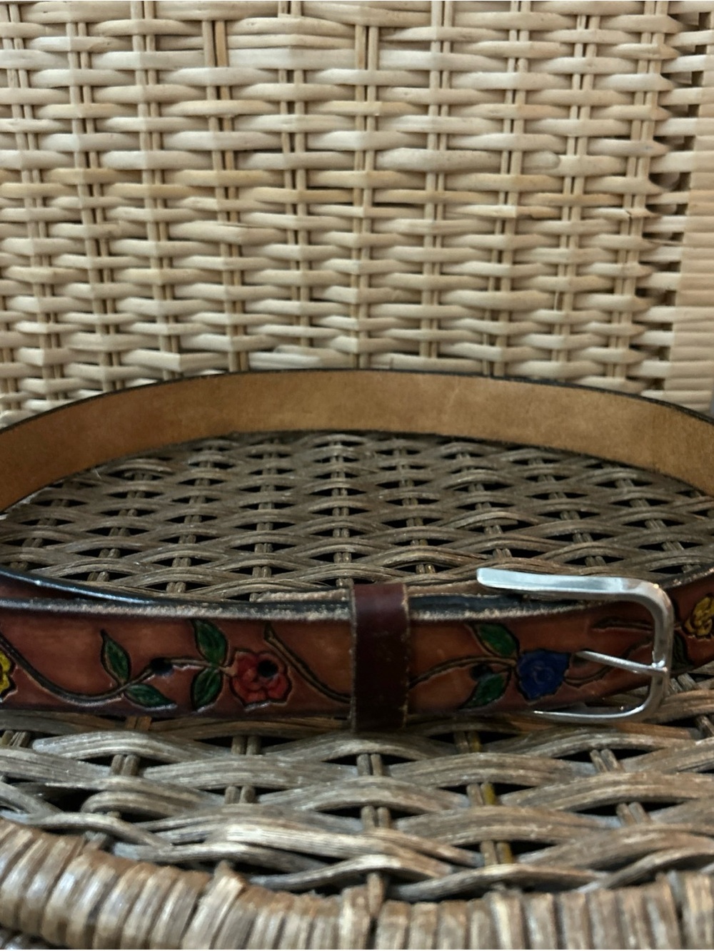 Boho Western Genuine Leather Embossed Floral Belt Made In USA Size Small-?